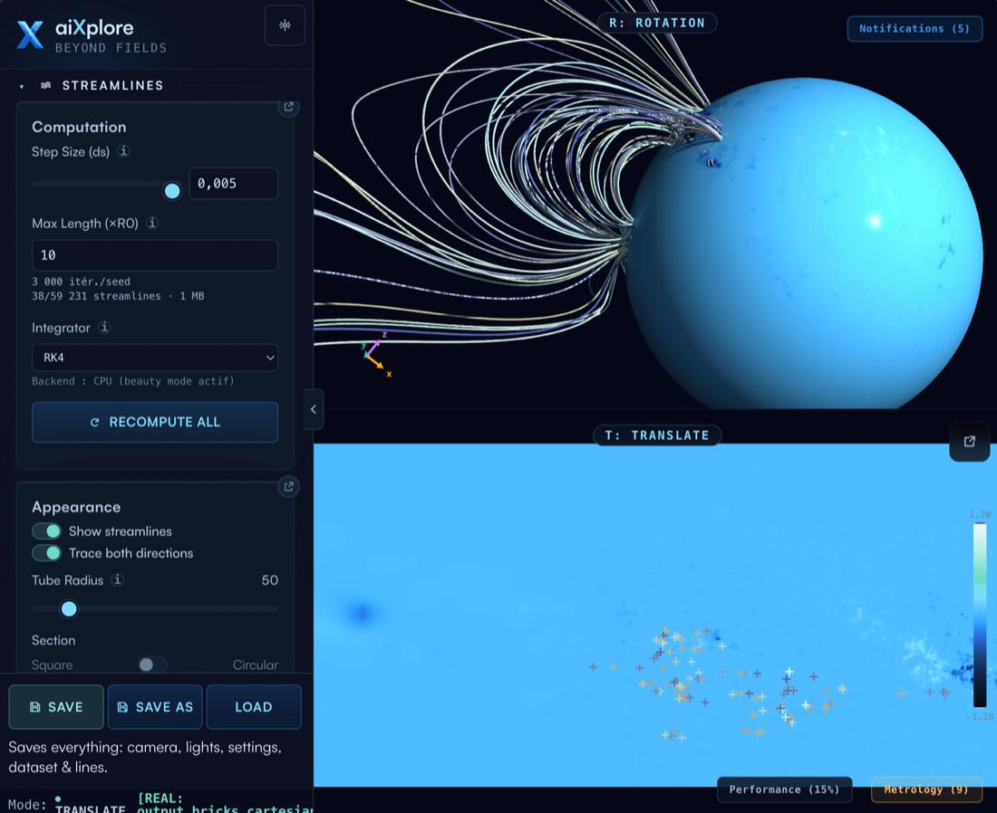 aiXplore interface showing 3D solar magnetic streamlines and computation controls