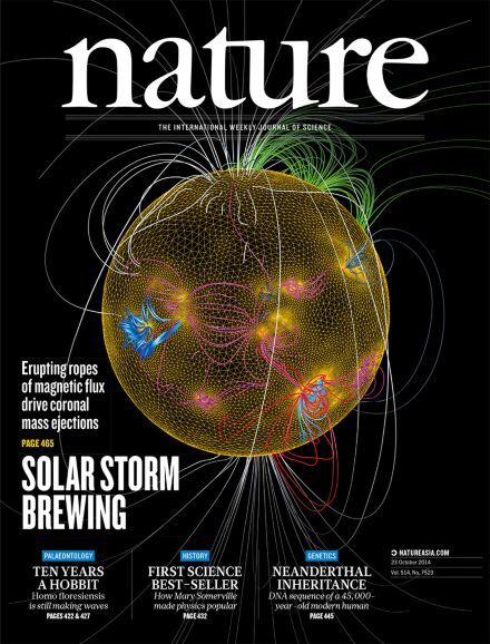 Cover of Nature, 23 October 2014: “Solar storm brewing”