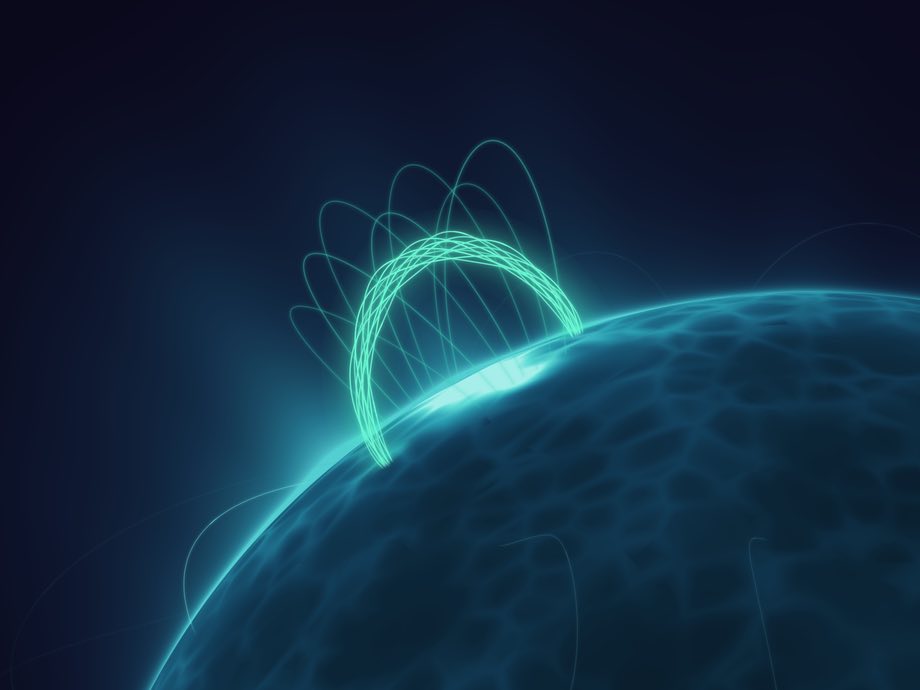 Illustration: a twisted magnetic flux rope arching above the solar limb, under the loops of its magnetic cage