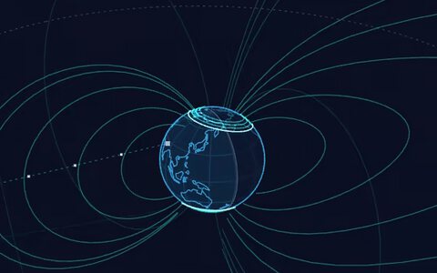 Illustration: the Earth, the field lines of its magnetic field and the dotted orbit of a satellite