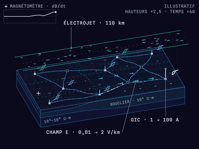 Illustration : un électrojet auroral induit un champ électrique dans le sol et des courants dans un réseau électrique générique