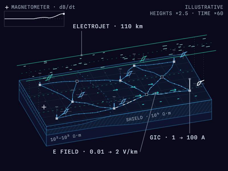 Illustration: an auroral electrojet induces an electric field in the ground and currents in a generic power network